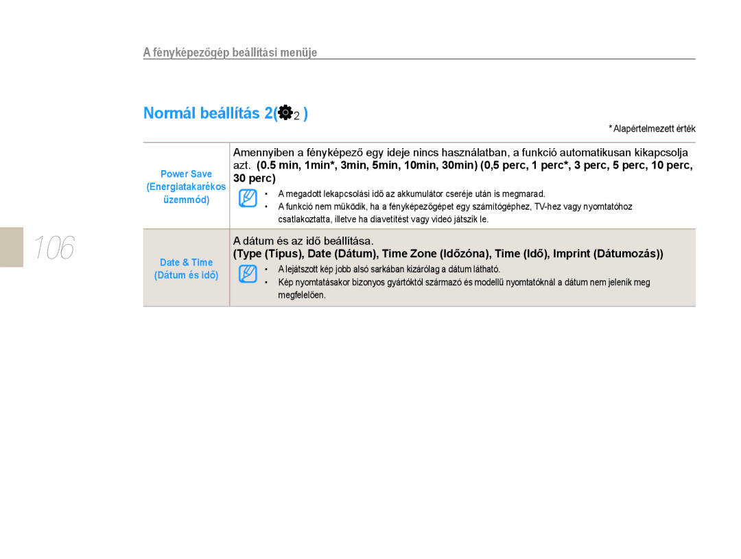 Samsung EV-NX10ZZBABIT, EV-NX10ZZBABDE, EV-NX10ZZBCBHU manual 106, Normál beállítás 2, Perc, Dátum és az idő beállítása 