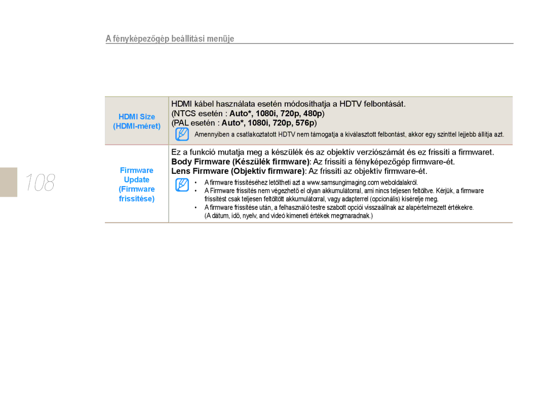 Samsung EV-NX10ZZBABCZ, EV-NX10ZZBABDE manual Ntcs esetén Auto*, 1080i, 720p, 480p, PAL esetén Auto*, 1080i, 720p, 576p 