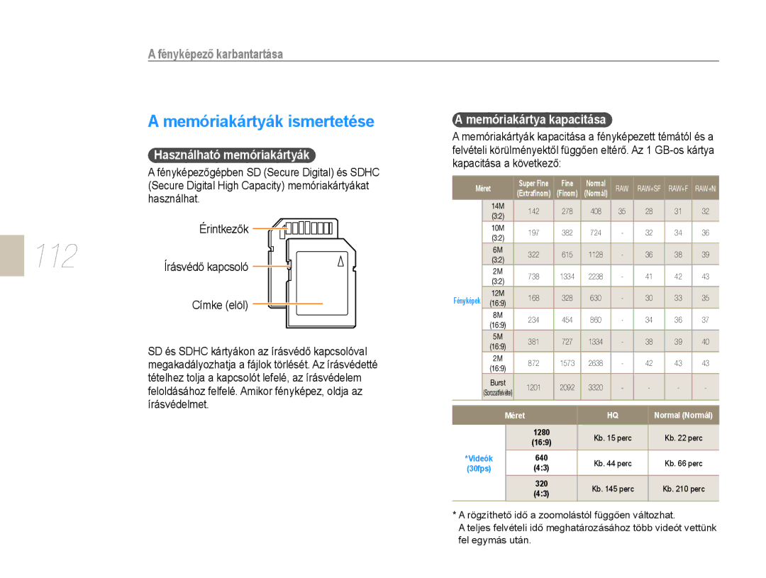 Samsung EV-NX10ZZBABDE manual 112, Memóriakártyák ismertetése, Fényképező karbantartása, Használható memóriakártyák 