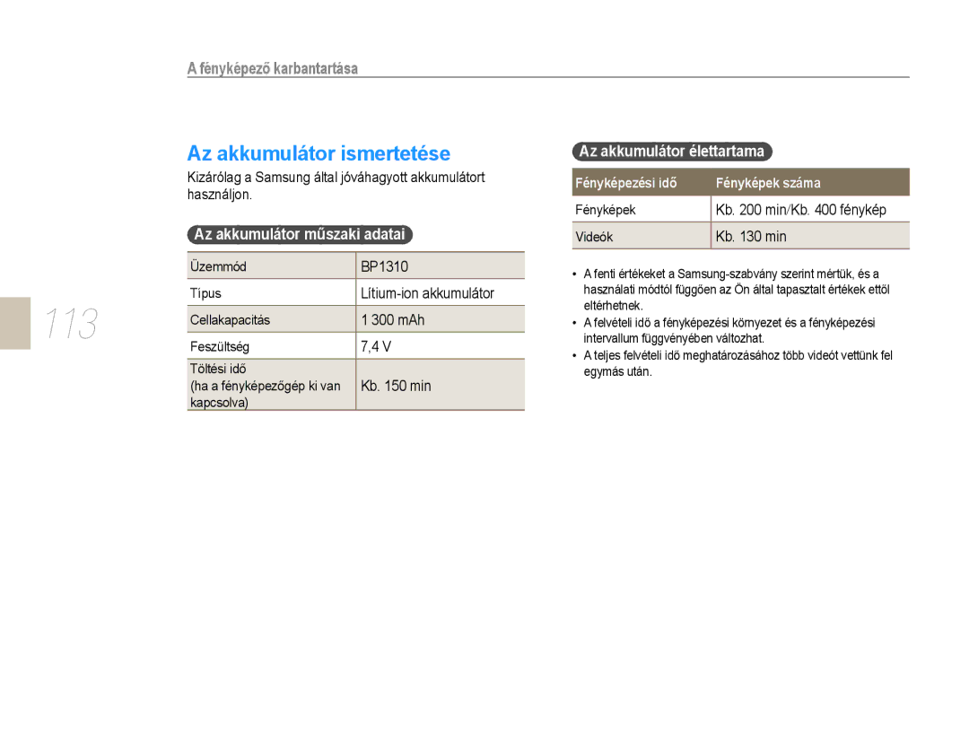 Samsung EV-NX10ZZBABIT, EV-NX10ZZBABDE, EV-NX10ZZBCBHU manual 113, Az akkumulátor ismertetése, Az akkumulátor műszaki adatai 