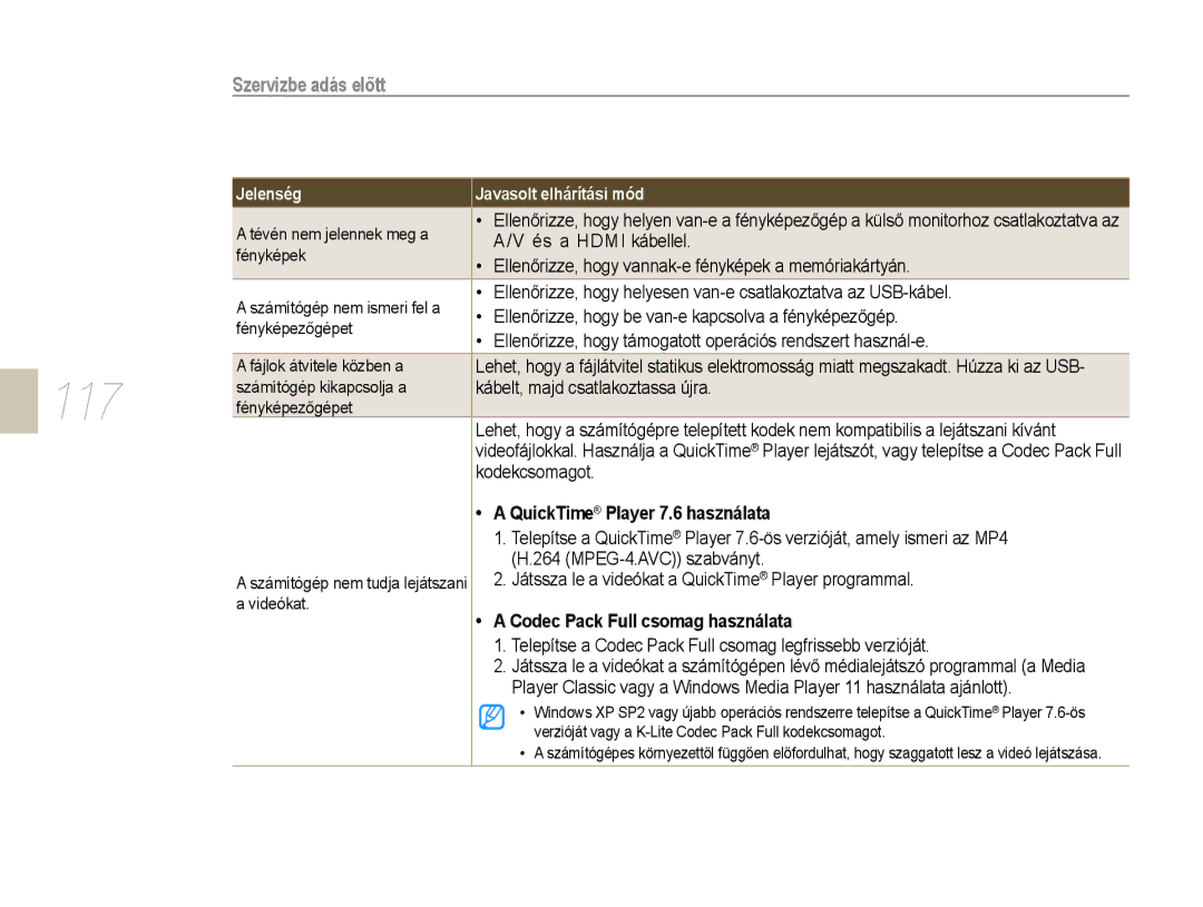 Samsung EV-NX10ZZBABHU, EV-NX10ZZBABDE manual 117, QuickTime Player 7.6 használata, Codec Pack Full csomag használata 