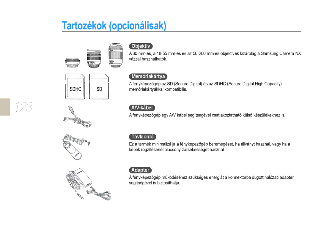 Samsung EV-NX10ZZBABPL, EV-NX10ZZBABDE, EV-NX10ZZBABIT Tartozékok opcionálisak, Objektív, Memóriakártya, Távkioldó, Adapter 