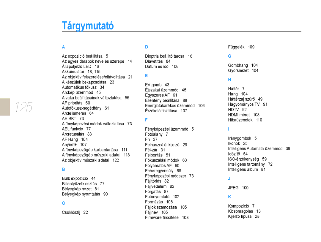 Samsung EV-NX10ZZBABCH, EV-NX10ZZBABDE, EV-NX10ZZBABIT, EV-NX10ZZBCBHU, EV-NX10ZZBABCZ, EV-NX10ZZBABPL manual Tárgymutató, 125 