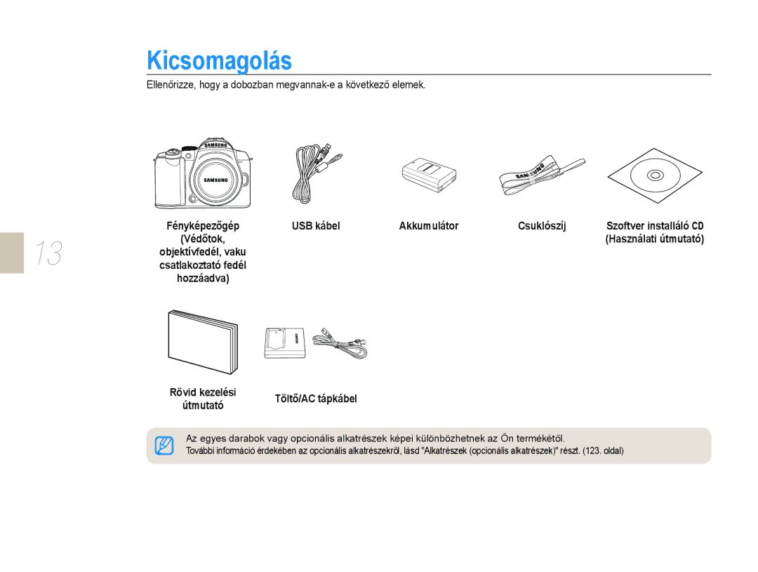 Samsung EV-NX10ZZBABCH manual Kicsomagolás, Ellenőrizze, hogy a dobozban megvannak-e a következő elemek, Hozzáadva 