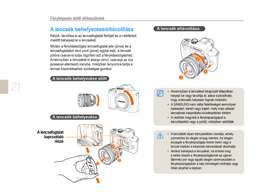 Samsung EV-NX10ZZBABDE, EV-NX10ZZBABIT, EV-NX10ZZBCBHU manual Lencsék behelyezése/eltávolítása, Lencsék behelyezése előtt 