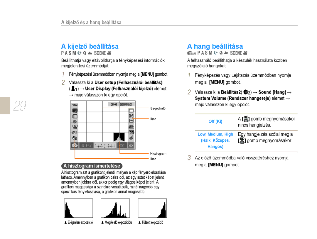 Samsung EV-NX10ZZBABIT, EV-NX10ZZBABDE manual Kijelző beállítása, Kijelző és a hang beállítása, Hisztogram ismertetése 