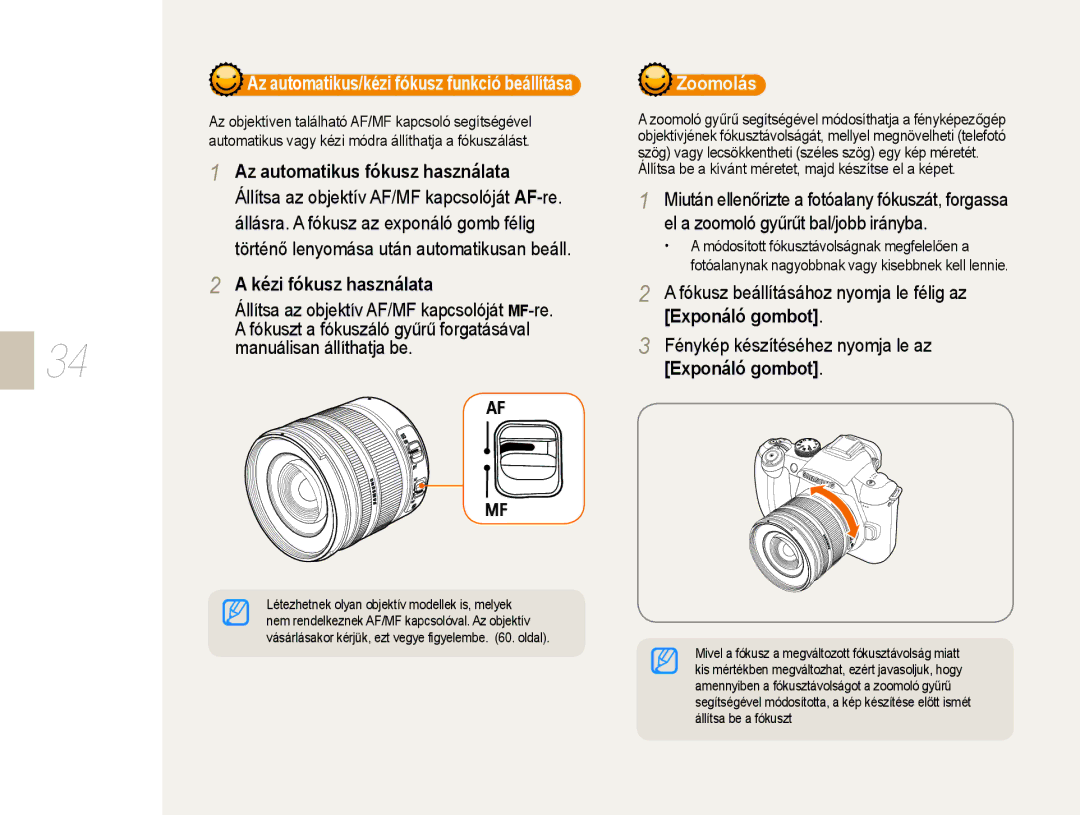 Samsung EV-NX10ZZBABCH, EV-NX10ZZBABDE manual Kézi fókusz használata, El a zoomoló gyűrűt bal/jobb irányba, Exponáló gombot 