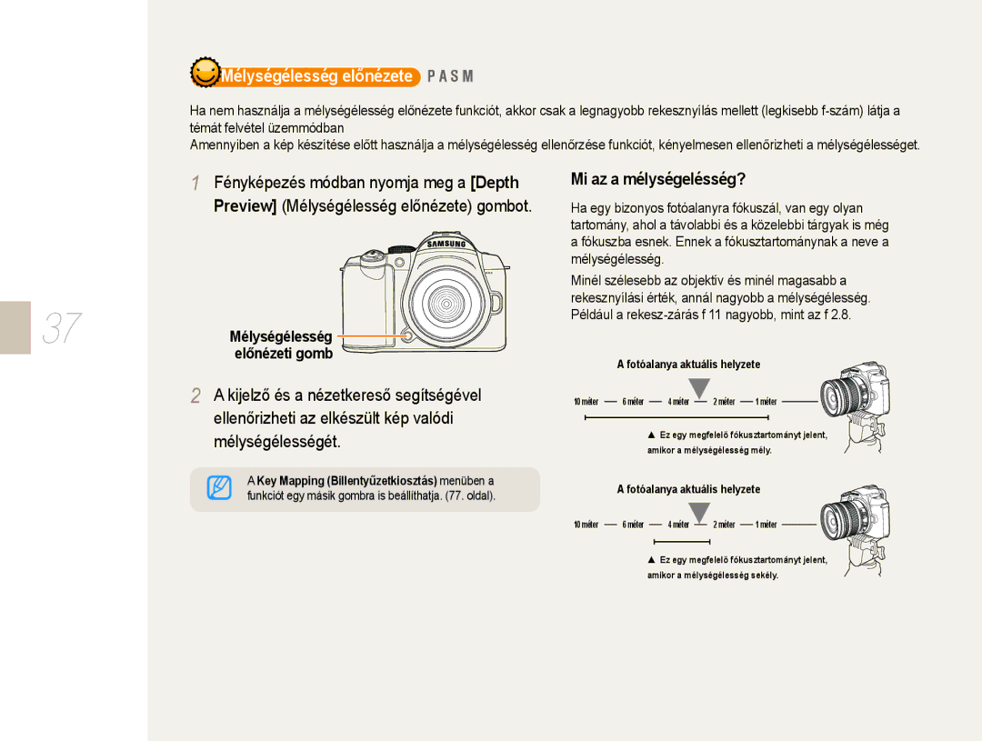 Samsung EV-NX10ZZBCBHU, EV-NX10ZZBABDE, EV-NX10ZZBABIT manual Mi az a mélységelésség?, Mélységélesség, Előnézeti gomb 