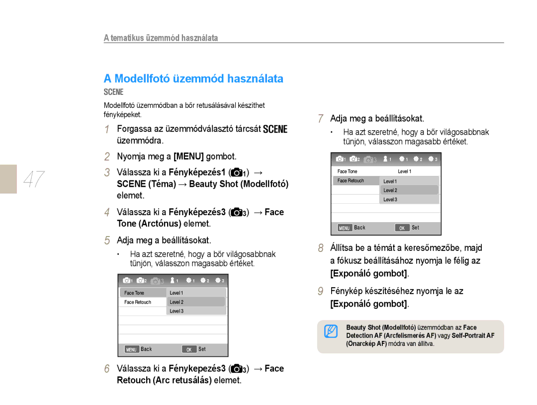 Samsung EV-NX10ZZBABHU manual Modellfotó üzemmód használata, Tematikus üzemmód használata, Nyomja meg a Menu gombot 