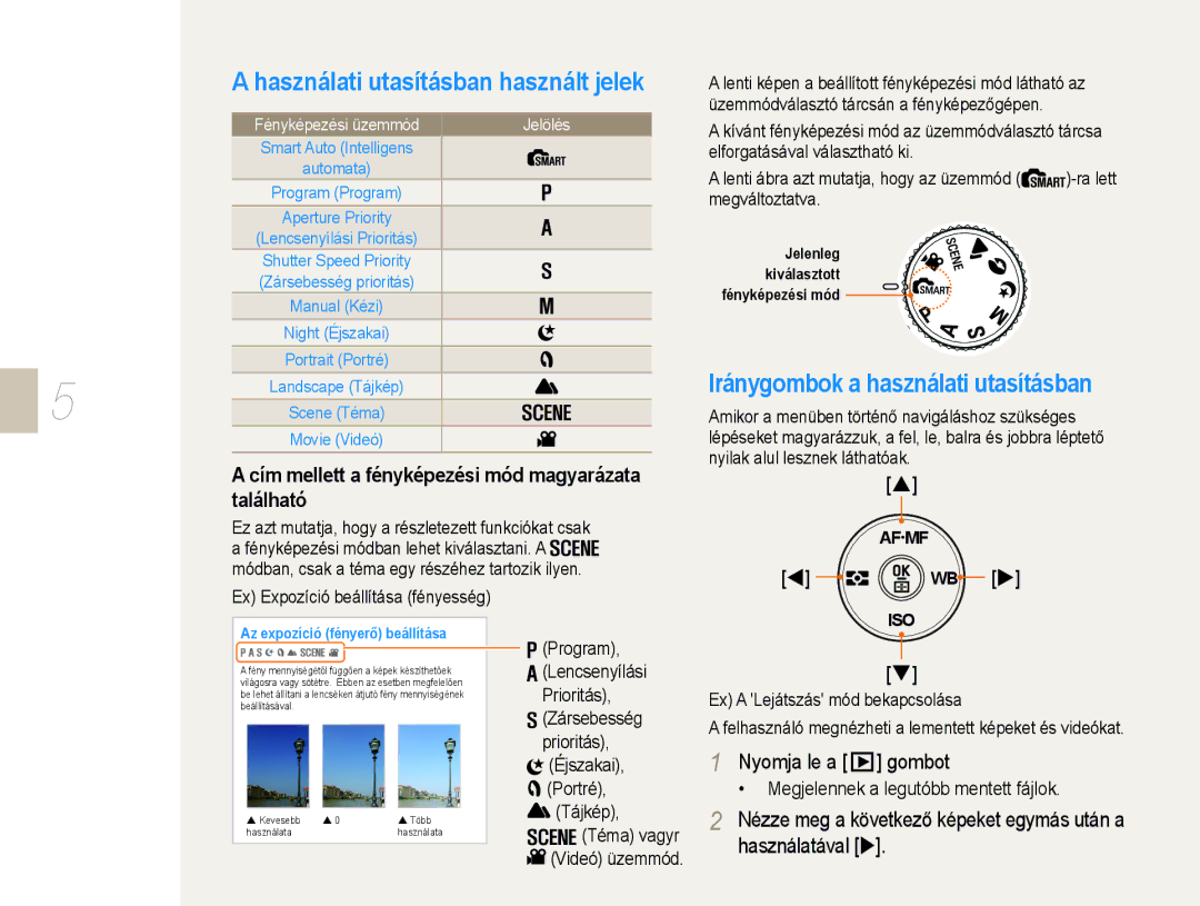 Samsung EV-NX10ZZBABHU manual Iránygombok a használati utasításban, Cím mellett a fényképezési mód magyarázata található 