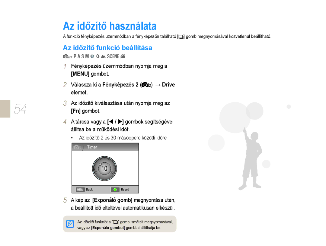 Samsung EV-NX10ZZBABHU, EV-NX10ZZBABDE, EV-NX10ZZBABIT manual Az időzítő használata, Az időzítő funkció beállítása, Elemet 
