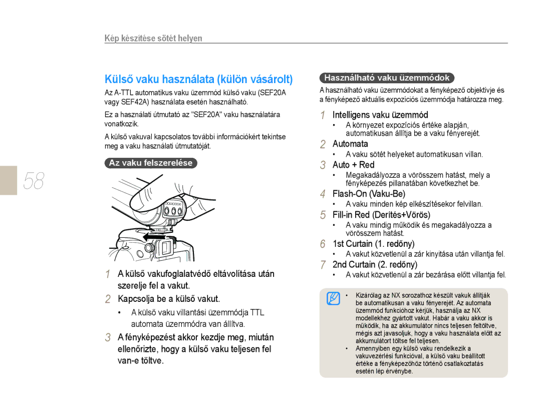 Samsung EV-NX10ZZBCBHU manual Intelligens vaku üzemmód, Automata, Auto + Red, Flash-On Vaku-Be, Fill-in Red Derítés+Vörös 