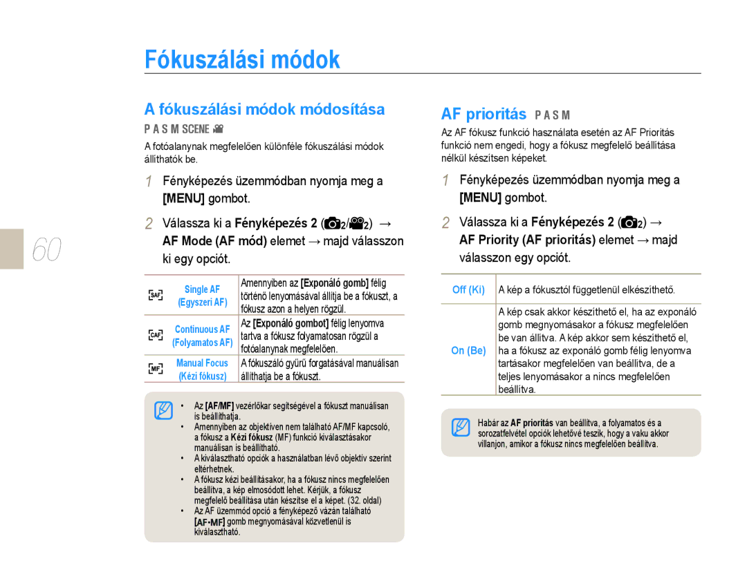 Samsung EV-NX10ZZBABPL, EV-NX10ZZBABDE, EV-NX10ZZBABIT manual Fókuszálási módok módosítása, AF prioritás, Beállítva 