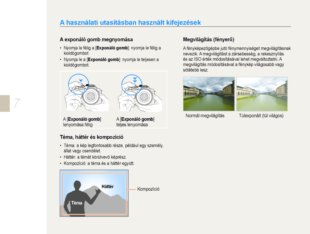 Samsung EV-NX10ZZBABDE Használati utasításban használt kifejezések, Exponáló gomb megnyomása, Téma, háttér és kompozíció 
