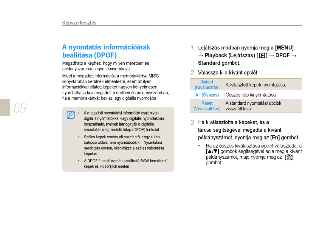 Samsung EV-NX10ZZBABHU manual Nyomtatás információinak, Beállítása Dpof, → Playback Lejátszás → Dpof →, Standard gombot 