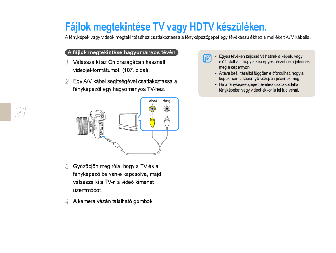 Samsung EV-NX10ZZBABDE, EV-NX10ZZBABIT Fájlok megtekintése TV vagy Hdtv készüléken, Fájlok megtekintése hagyományos tévén 