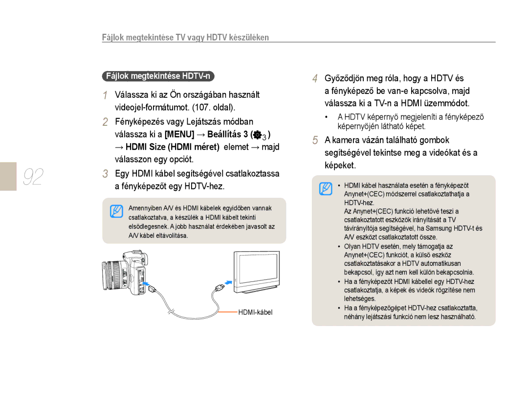 Samsung EV-NX10ZZBABIT, EV-NX10ZZBABDE Fájlok megtekintése TV vagy Hdtv készüléken, Győződjön meg róla, hogy a Hdtv és 