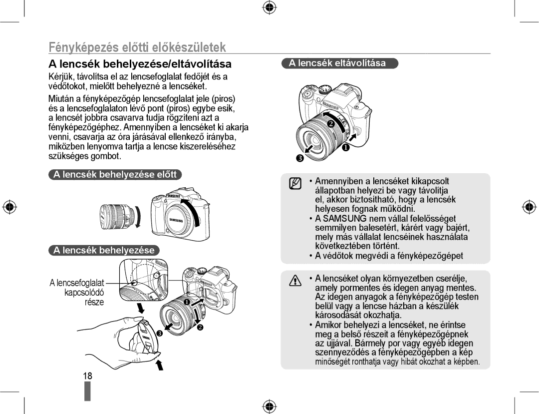 Samsung EV-NX10ZZBABPL, EV-NX10ZZBABDE Lencsék behelyezése/eltávolítása, Lencsék behelyezése előtt, Lencsék eltávolítása 