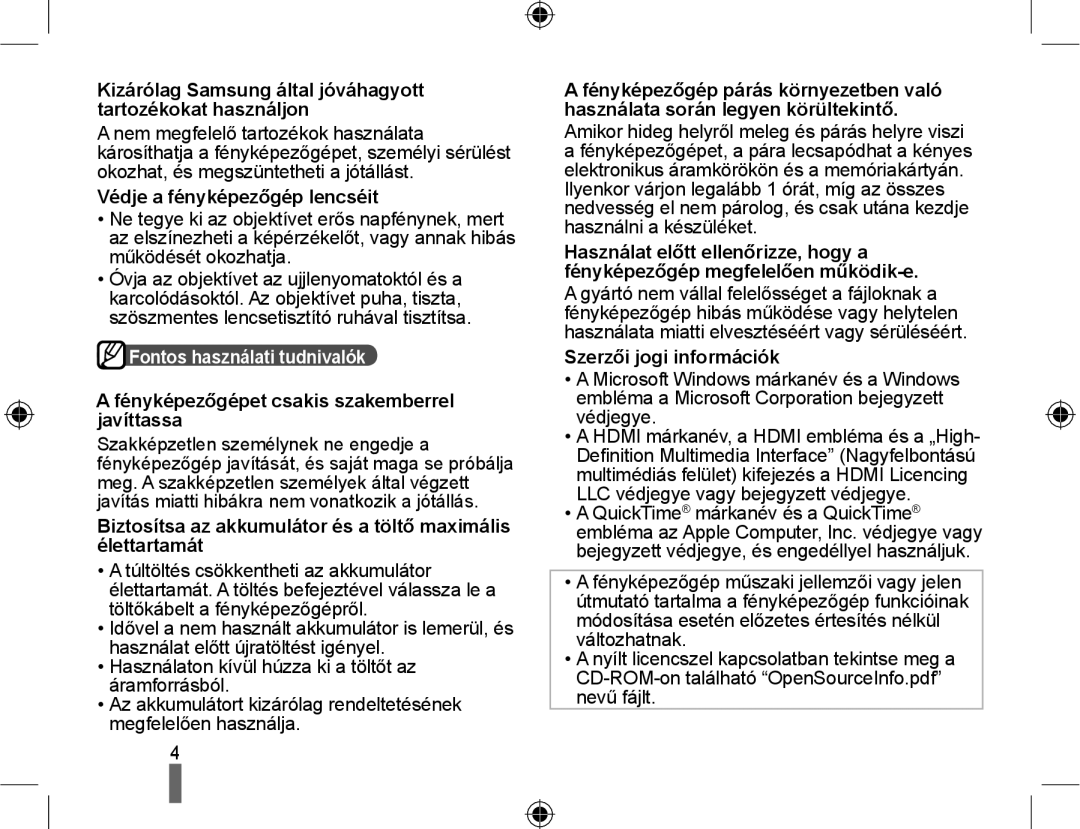 Samsung EV-NX10ZZBABPL, EV-NX10ZZBABDE, EV-NX10ZZBABIT, EV-NX10ZZBCBHU, EV-NX10ZZBABCZ manual Fontos használati tudnivalók 