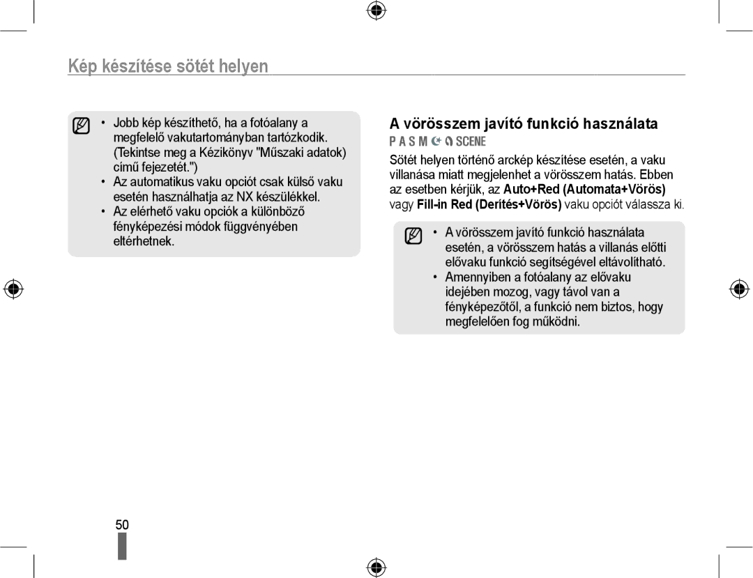 Samsung EV-NX10ZZBABIT, EV-NX10ZZBABDE, EV-NX10ZZBCBHU manual Kép készítése sötét helyen, Vörösszem javító funkció használata 