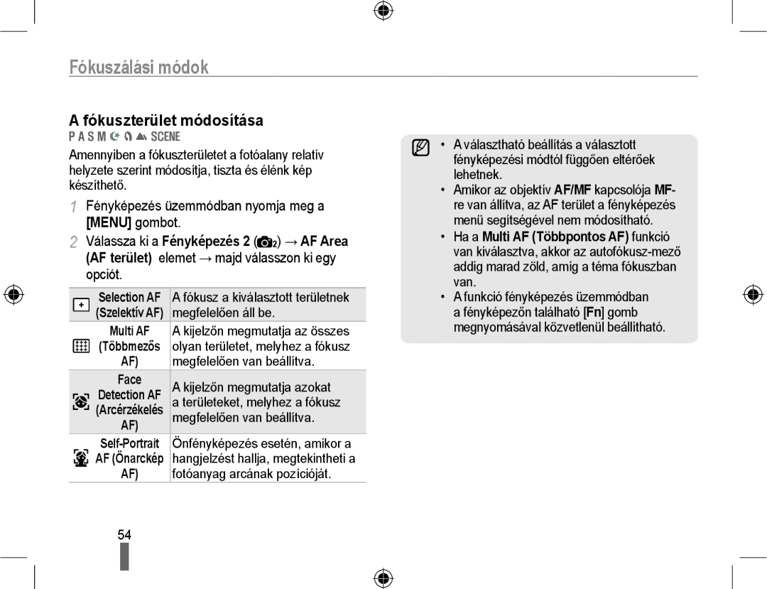 Samsung EV-NX10ZZBABHU, EV-NX10ZZBABDE, EV-NX10ZZBABIT, EV-NX10ZZBCBHU manual Fókuszálási módok, Fókuszterület módosítása 