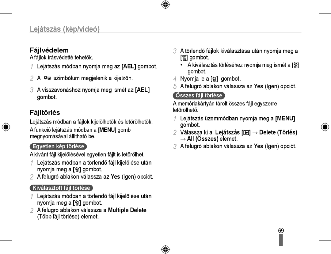 Samsung EV-NX10ZZBABCH, EV-NX10ZZBABDE manual Fájlvédelem, Fájltörlés, Lejátszás üzemmódban nyomja meg a Menu gombot 