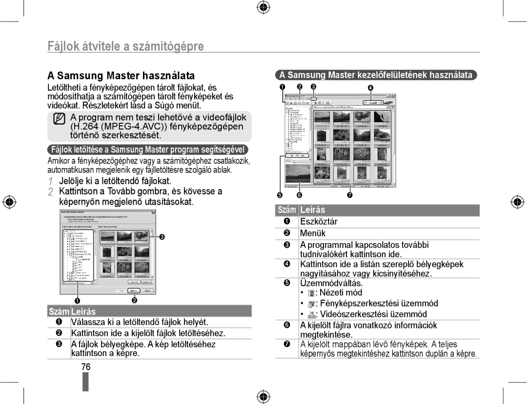 Samsung EV-NX10ZZBABCH manual Samsung Master használata, Jelölje ki a letöltendő fájlokat, Szám Leírás, ➊ Eszköztár ➋ Menük 