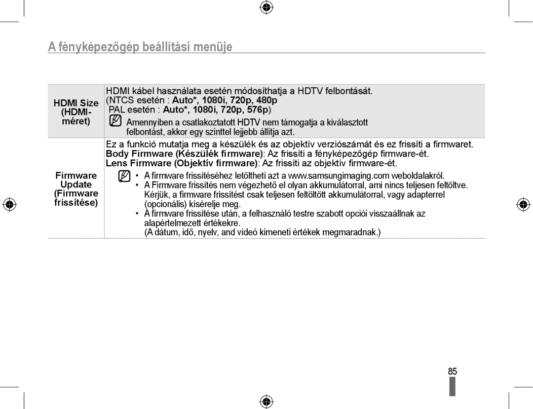 Samsung EV-NX10ZZBABIT manual Ntcs esetén Auto*, 1080i, 720p, 480p, PAL esetén Auto*, 1080i, 720p, 576p, Méret, Update 