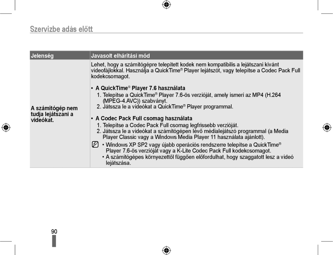 Samsung EV-NX10ZZBABCH, EV-NX10ZZBABDE, EV-NX10ZZBABIT manual Kodekcsomagot, QuickTime Player 7.6 használata, Számítógép nem 