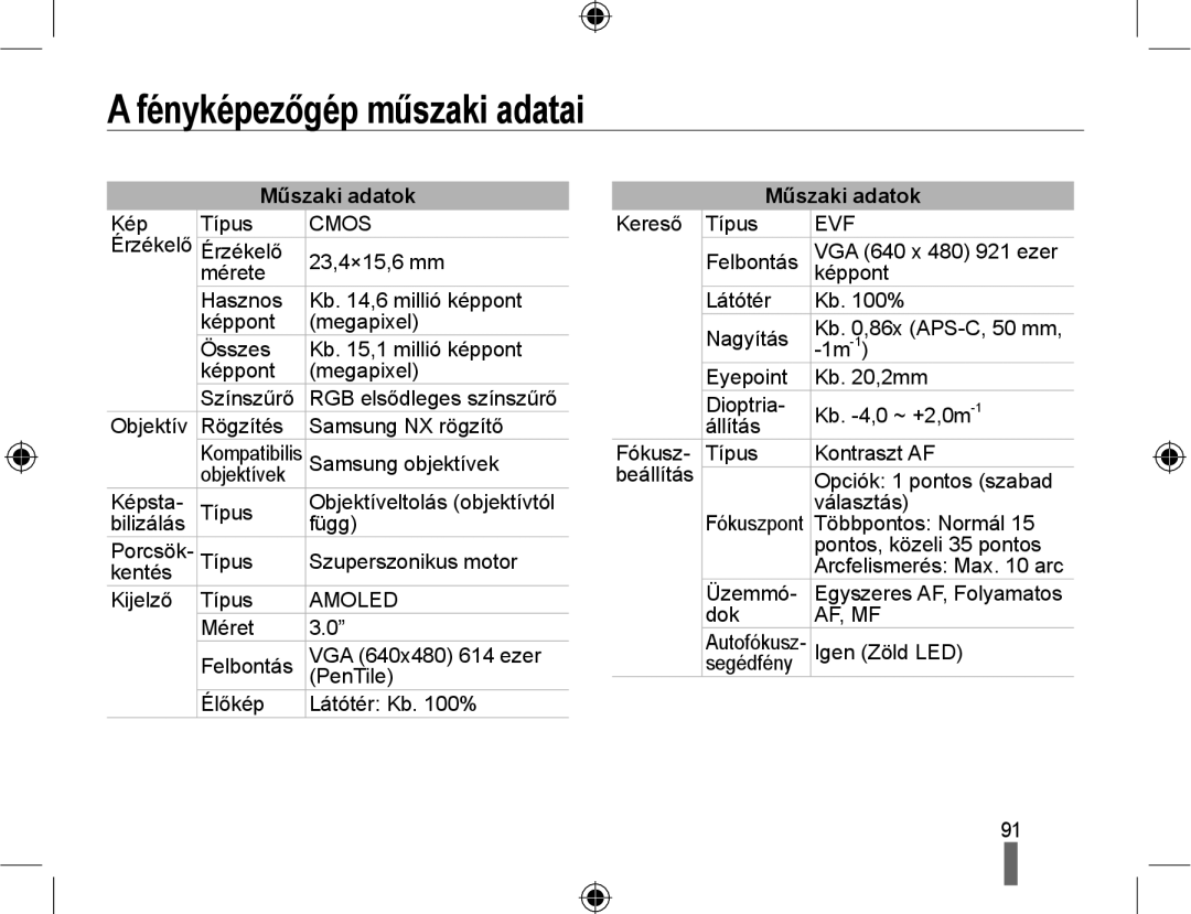 Samsung EV-NX10ZZBABDE, EV-NX10ZZBABIT, EV-NX10ZZBCBHU, EV-NX10ZZBABCZ manual Fényképezőgép műszaki adatai, Műszaki adatok 