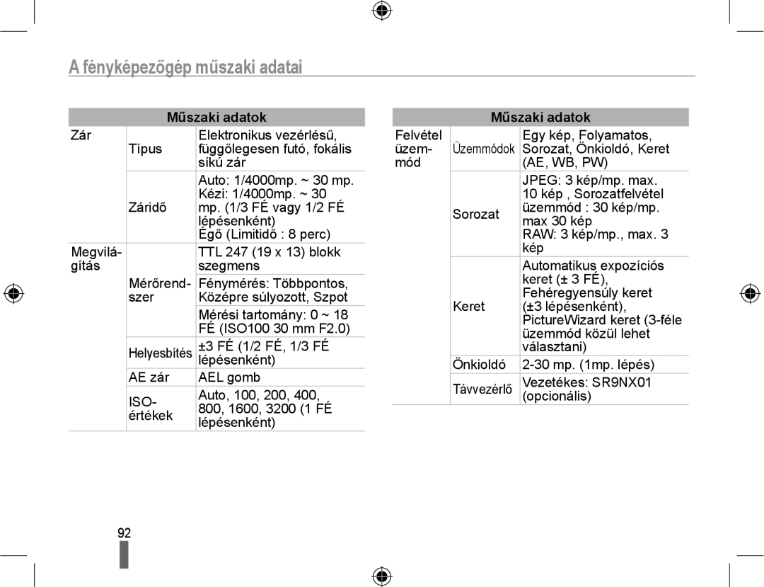 Samsung EV-NX10ZZBABIT, EV-NX10ZZBABDE, EV-NX10ZZBCBHU, EV-NX10ZZBABCZ, EV-NX10ZZBABPL manual Fényképezőgép műszaki adatai 