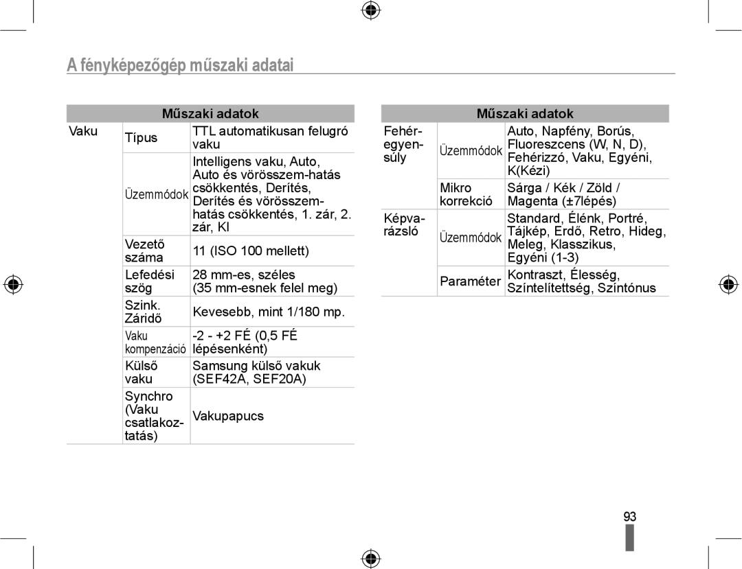 Samsung EV-NX10ZZBCBHU Vaku Típus, Intelligens vaku, Auto, Auto és vörösszem-hatás, Csökkentés, Derítés, Zár, KI, Egyéni 