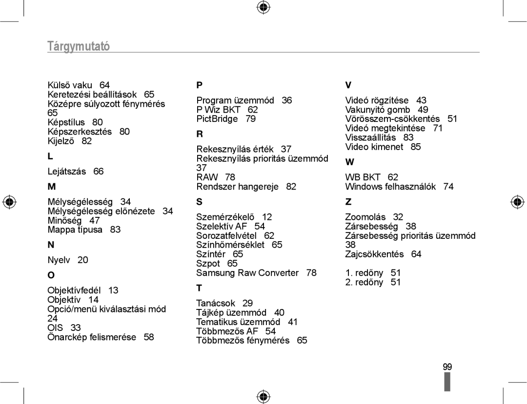 Samsung EV-NX10ZZBABIT, EV-NX10ZZBABDE, EV-NX10ZZBCBHU, EV-NX10ZZBABCZ, EV-NX10ZZBABPL, EV-NX10ZZBABHU manual Tárgymutató 