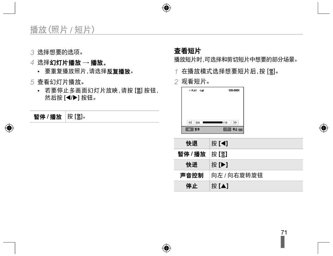 Samsung EV-NX10ZZBABIT, EV-NX10ZZBABDE, EV-NX10ZZBCBHU manual 查看短片, 选择想要的选项。 选择幻灯片播放 → 播放。, 查看幻灯片播放。, 在播放模式选择想要短片后，按 。 观看短片。 