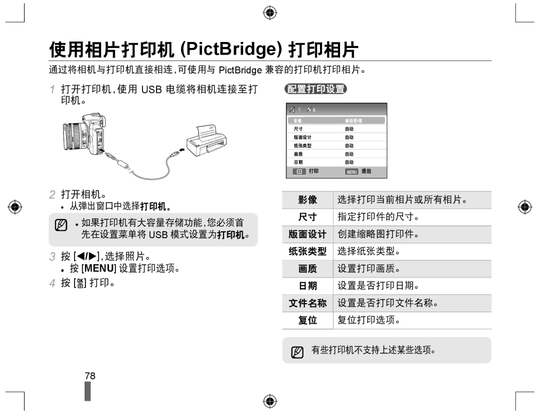 Samsung EV-NX10ZZBABIT, EV-NX10ZZBABDE, EV-NX10ZZBCBHU manual 打开打印机，使用 Usb 电缆将相机连接至打 印机。, X，选择照片。, Menu 设置打印选项。, 打印。, 配置打印设置 