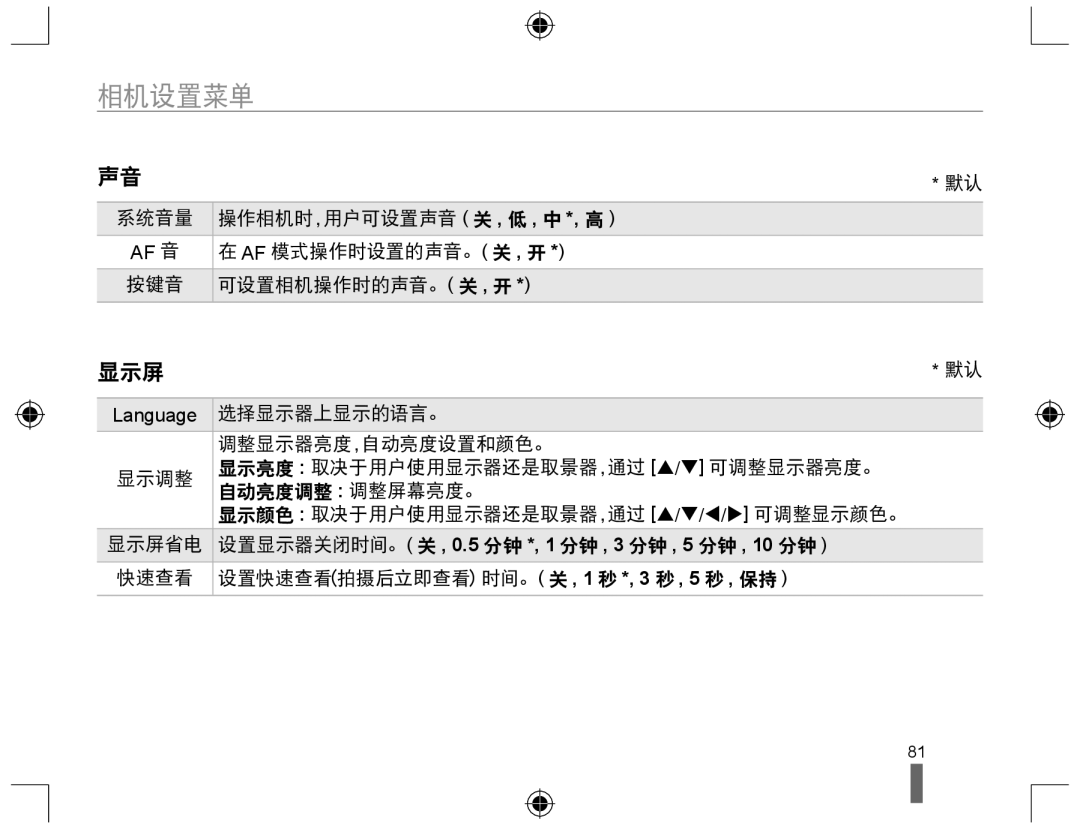 Samsung EV-NX10ZZBABPL, EV-NX10ZZBABDE, EV-NX10ZZBABIT, EV-NX10ZZBCBHU, EV-NX10ZZBABCZ, EV-NX10ZZBABHU manual 相机设置菜单, 显示屏 