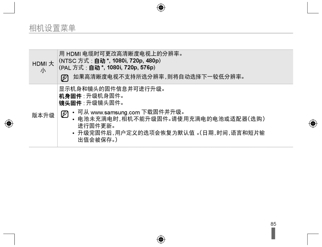 Samsung EV-NX10ZZBABIT, EV-NX10ZZBABDE, EV-NX10ZZBCBHU, EV-NX10ZZBABCZ, EV-NX10ZZBABPL manual Ntsc 方式 自动 *, 1080i, 720p, 480p 