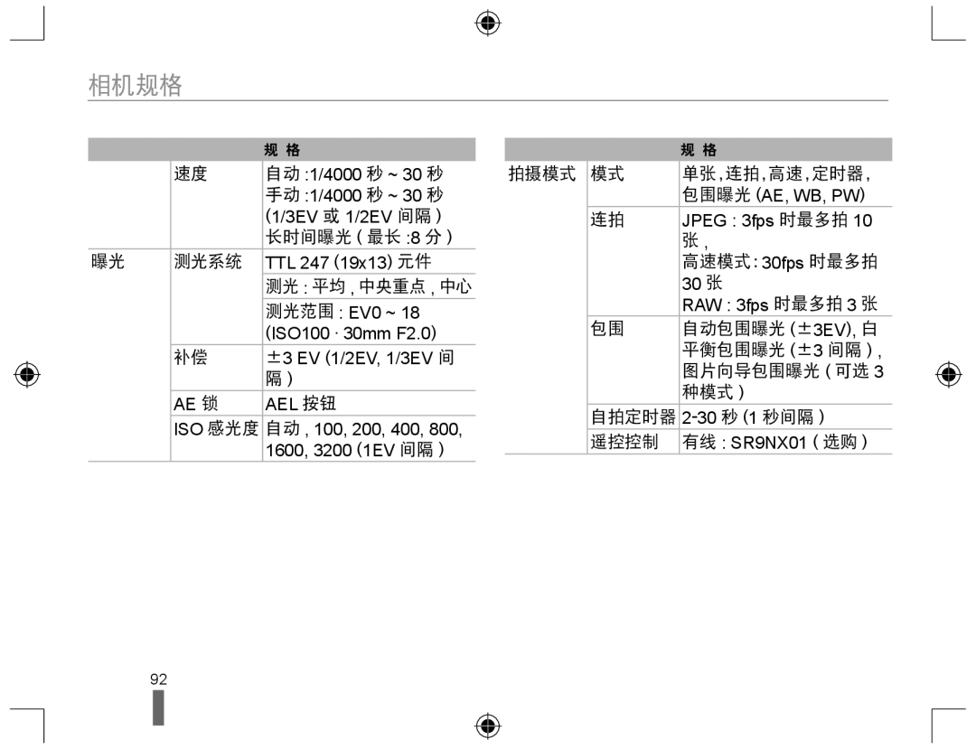 Samsung EV-NX10ZZBABIT, EV-NX10ZZBABDE, EV-NX10ZZBCBHU, EV-NX10ZZBABCZ, EV-NX10ZZBABPL, EV-NX10ZZBABHU manual 相机规格, 测光系统 