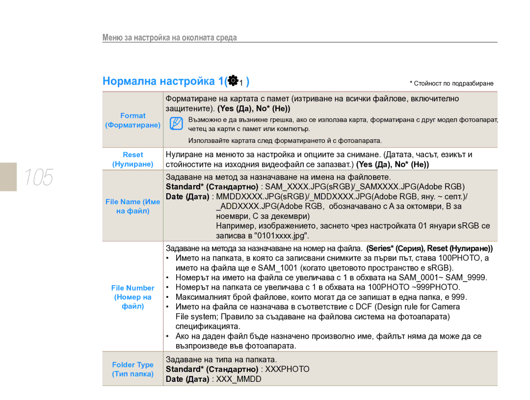 Samsung EV-NX10ZZBCBHU manual 105, Нормална настройка 1, Защитените. Yes Да, No* Не, Standard* Стандартно Xxxphoto 