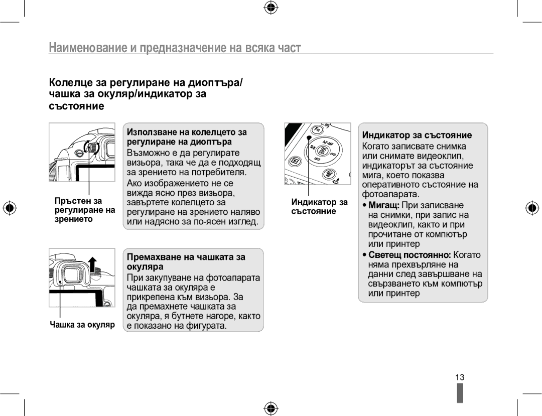 Samsung EV-NX10ZZBCBHU, EV-NX10ZZBABDE manual Състояние, Пръстен за регулиране на зрението, Премахване на чашката за окуляра 