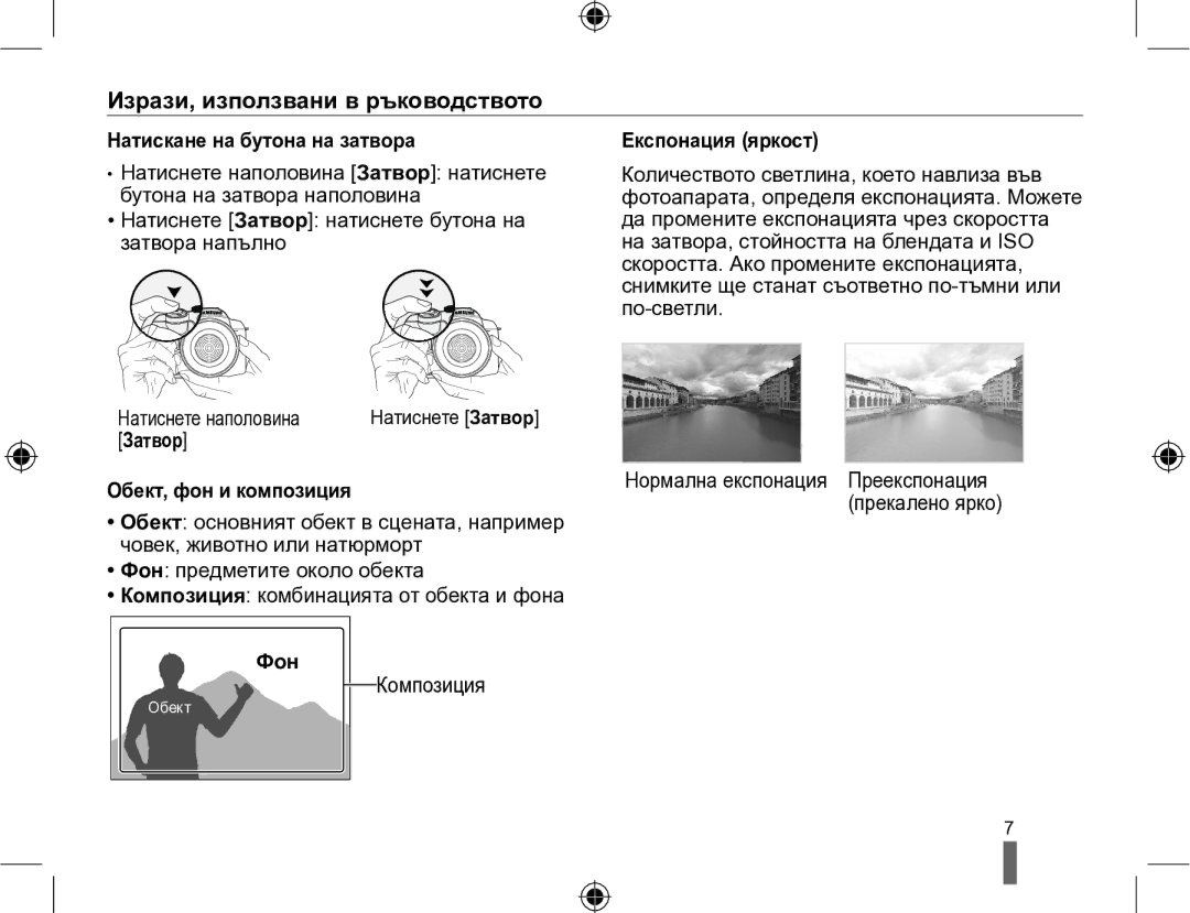 Samsung EV-NX10ZZBCBHU manual Изрази, използвани в ръководството, Натискане на бутона на затвора, Експонация яркост, Фон 