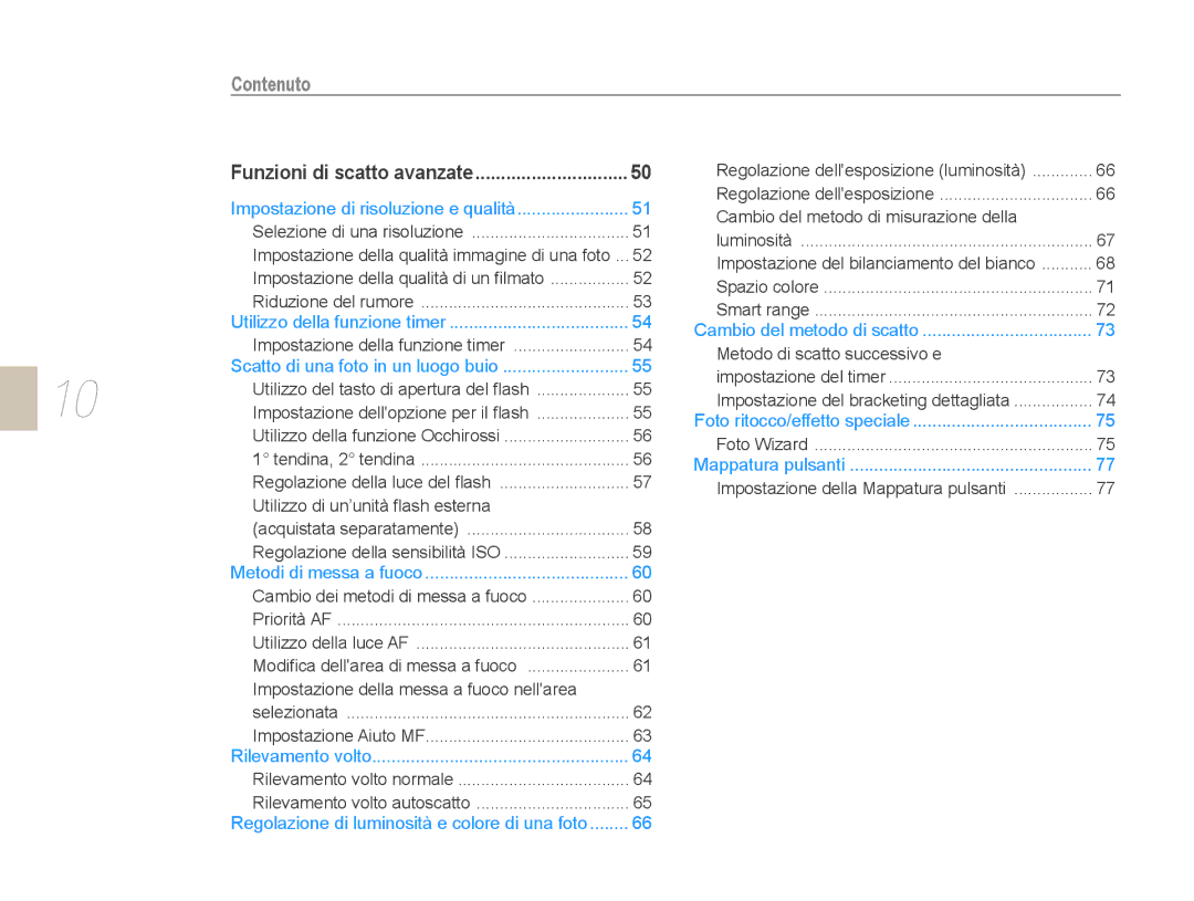 Samsung EV-NX10ZZBCBIT, EV-NX10ZZBABDE, EV-NX10ZZBABIT manual Contenuto, Funzioni di scatto avanzate 