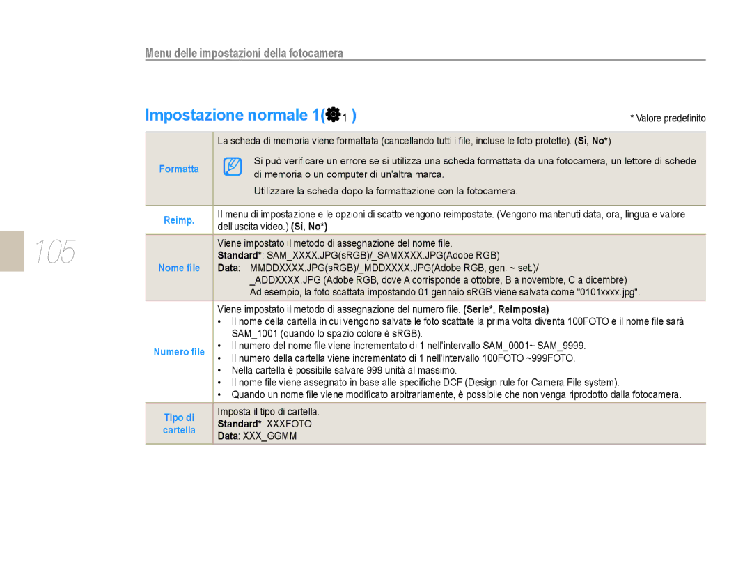 Samsung EV-NX10ZZBABDE, EV-NX10ZZBCBIT, EV-NX10ZZBABIT manual 105, Impostazione normale 1, Formatta, Standard* Xxxfoto 