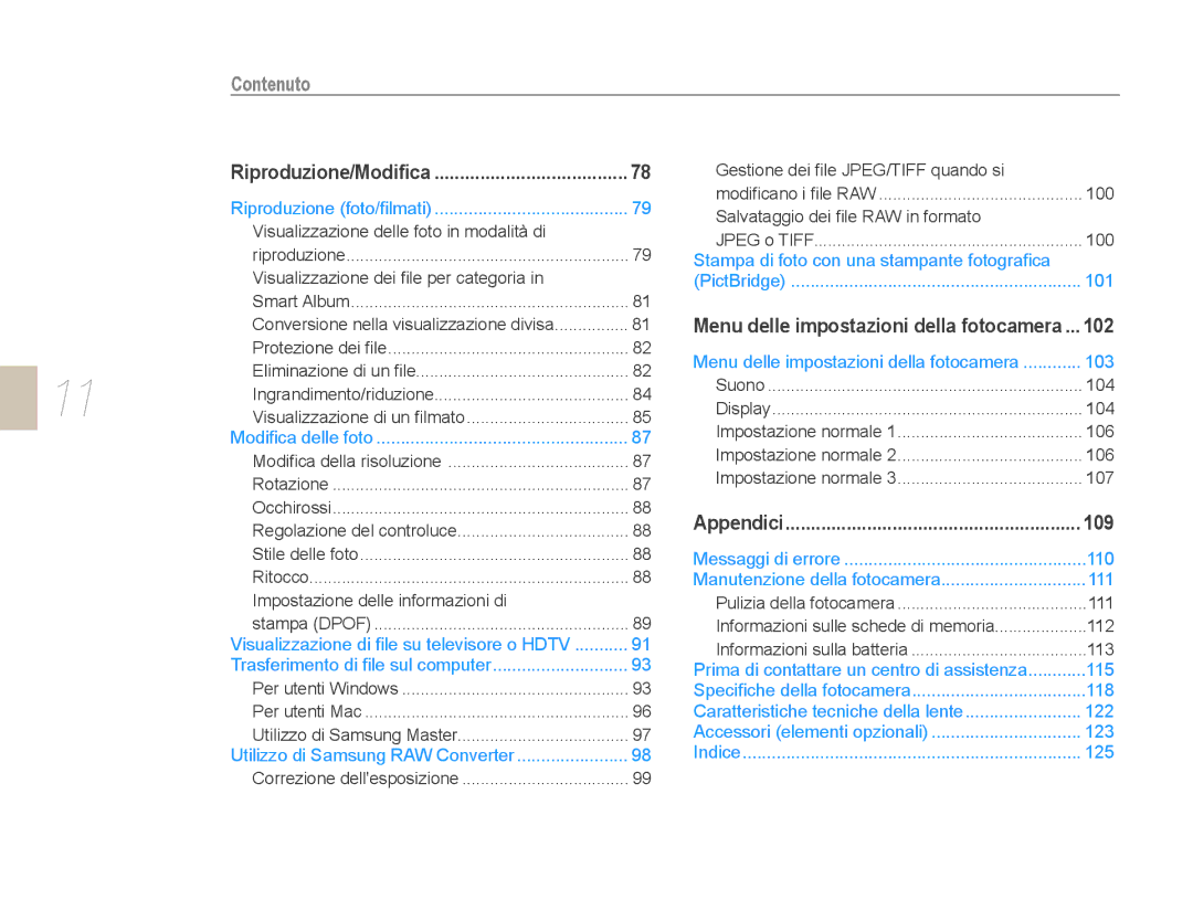 Samsung EV-NX10ZZBABIT, EV-NX10ZZBABDE, EV-NX10ZZBCBIT manual Menu delle impostazioni della fotocamera 102 