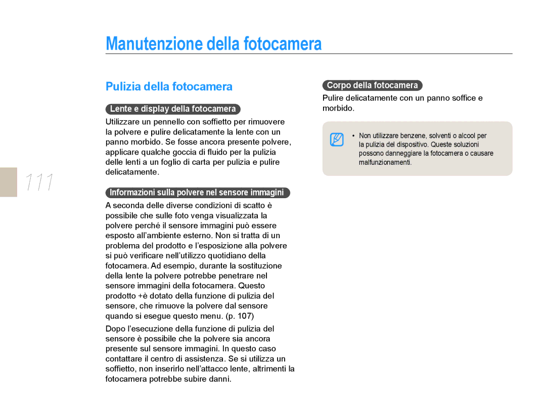 Samsung EV-NX10ZZBABDE Manutenzione della fotocamera, 111, Pulizia della fotocamera, Lente e display della fotocamera 