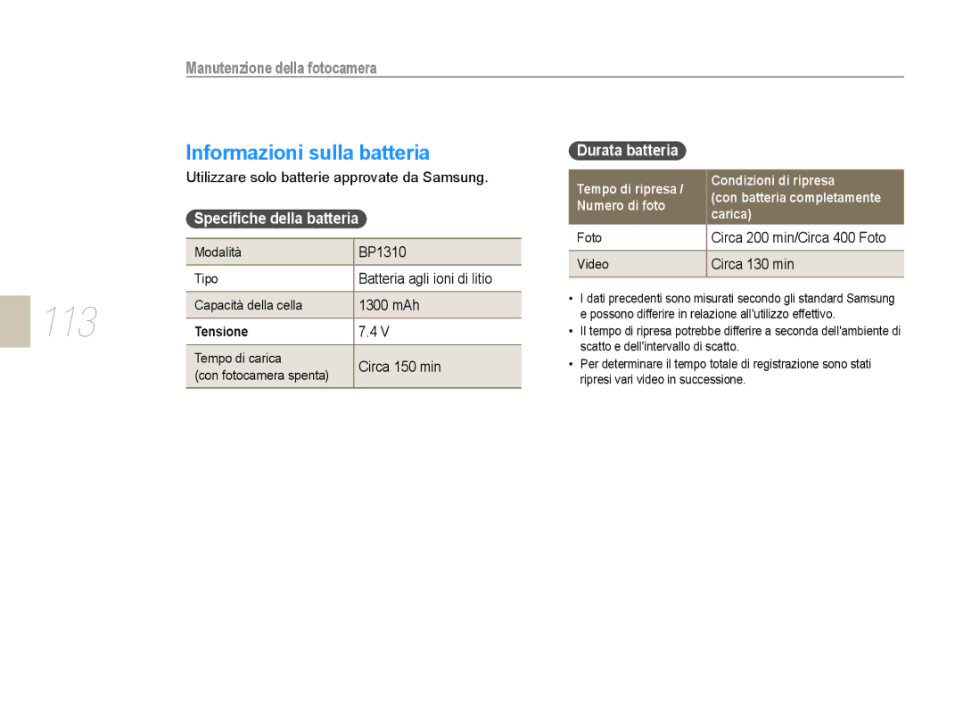 Samsung EV-NX10ZZBABIT, EV-NX10ZZBABDE manual 113, Informazioni sulla batteria, Speciﬁche della batteria, Durata batteria 