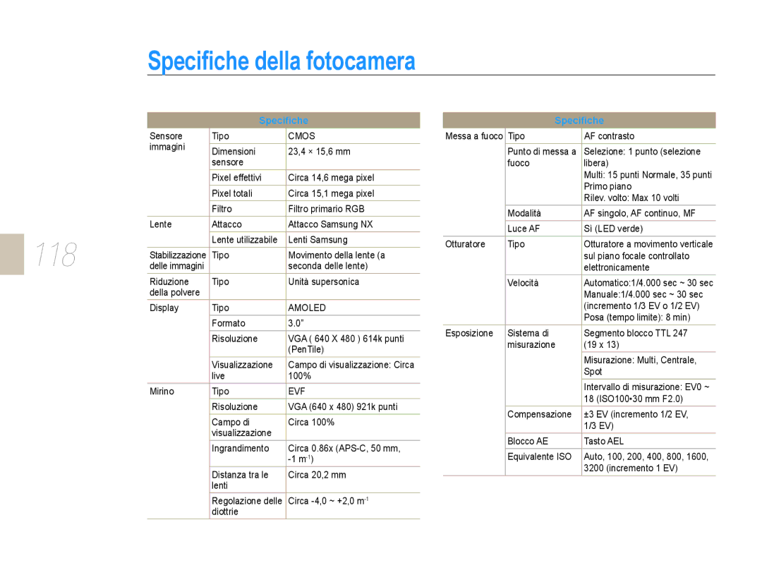 Samsung EV-NX10ZZBCBIT, EV-NX10ZZBABDE, EV-NX10ZZBABIT manual Speciﬁche della fotocamera, 118 