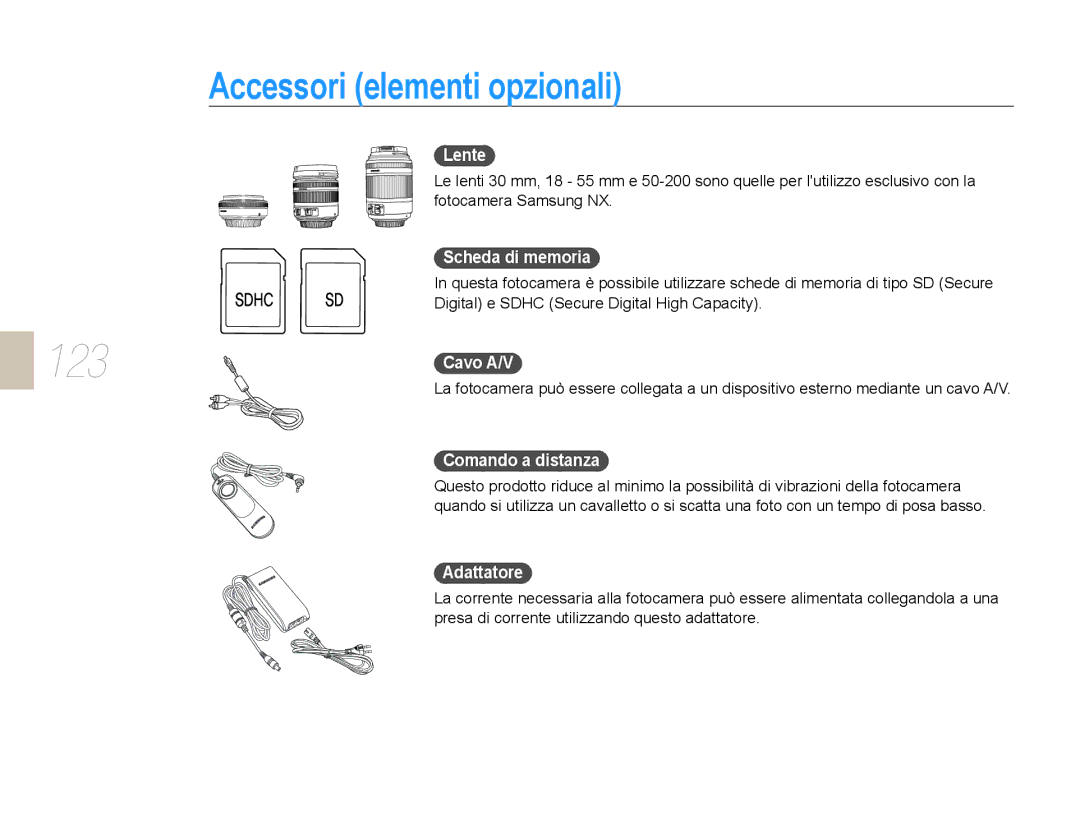 Samsung EV-NX10ZZBABDE manual Accessori elementi opzionali, Lente, Scheda di memoria, Comando a distanza, Adattatore 