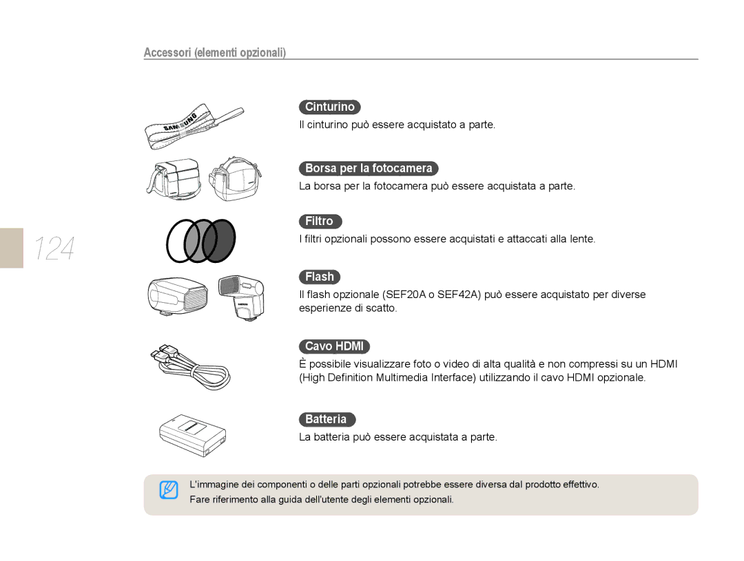 Samsung EV-NX10ZZBCBIT, EV-NX10ZZBABDE, EV-NX10ZZBABIT manual Accessori elementi opzionali 