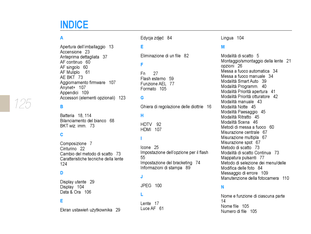 Samsung EV-NX10ZZBABIT, EV-NX10ZZBABDE, EV-NX10ZZBCBIT manual 125 